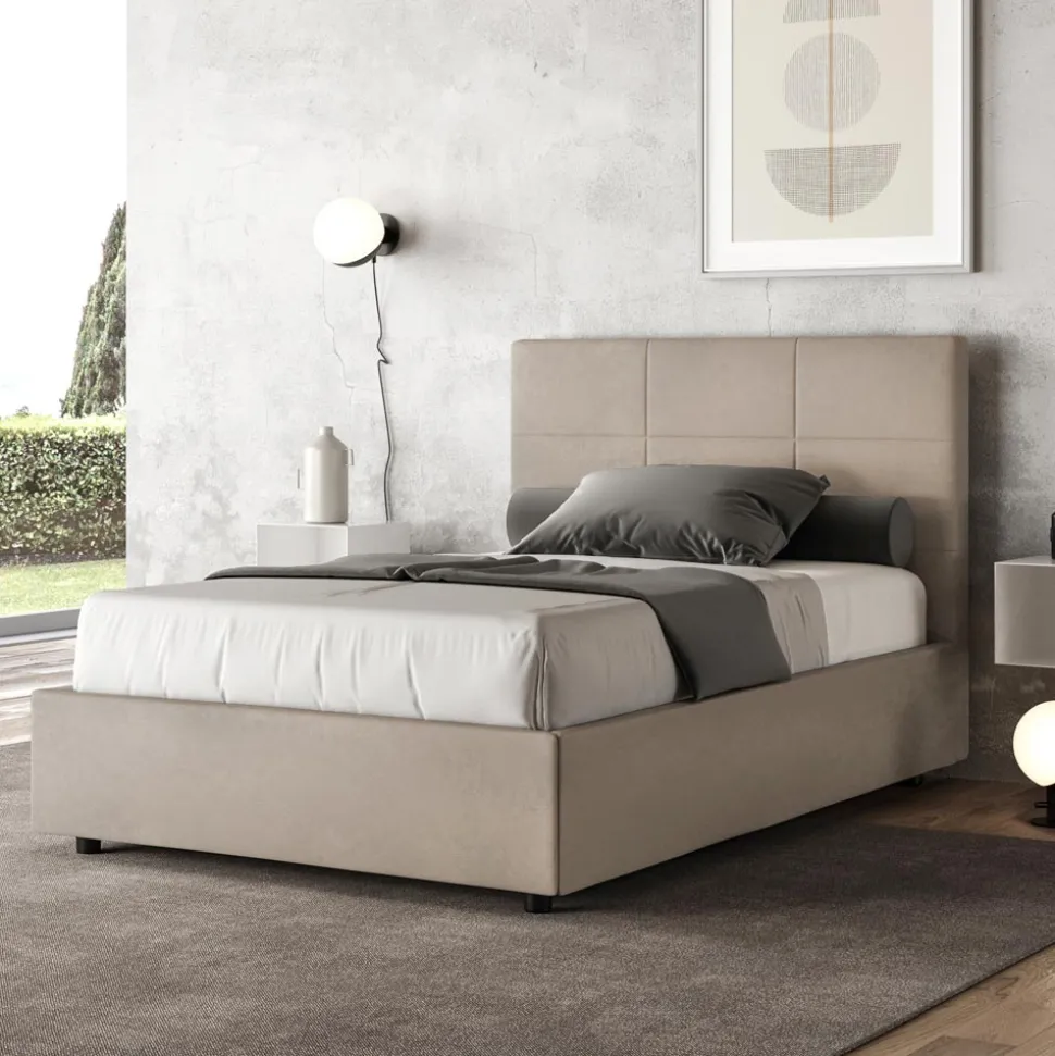Letto 140x200 cm con Testata a Rettangoli in Microfibra Made in Italy - Brina