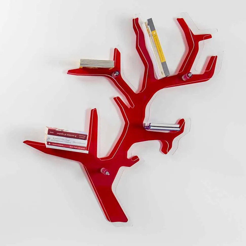 Libreria da parete rossa design moderno Carol, made in Italy