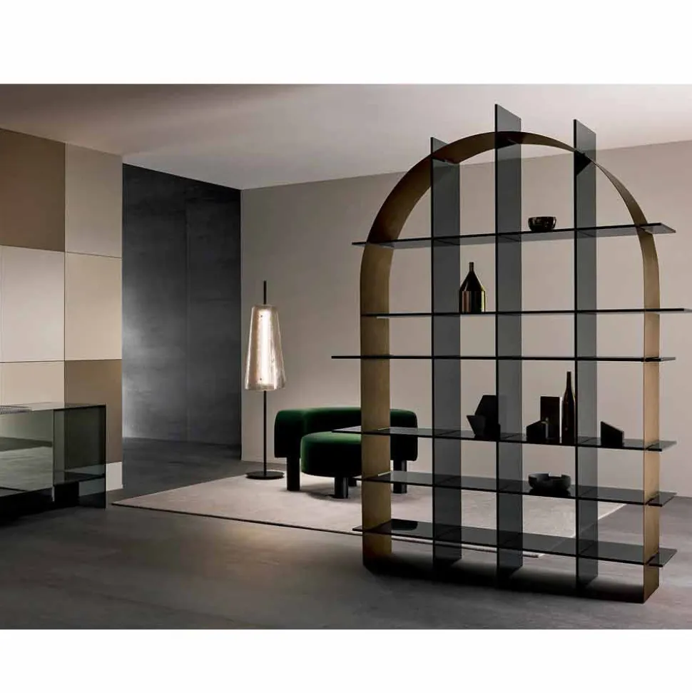 Libreria Freestanding ad Arco in Vetro Fumè e Bronzo Spazzolato Design - Marco