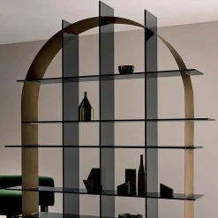 Libreria Freestanding ad Arco in Vetro Fumè e Bronzo Spazzolato Design - Marco