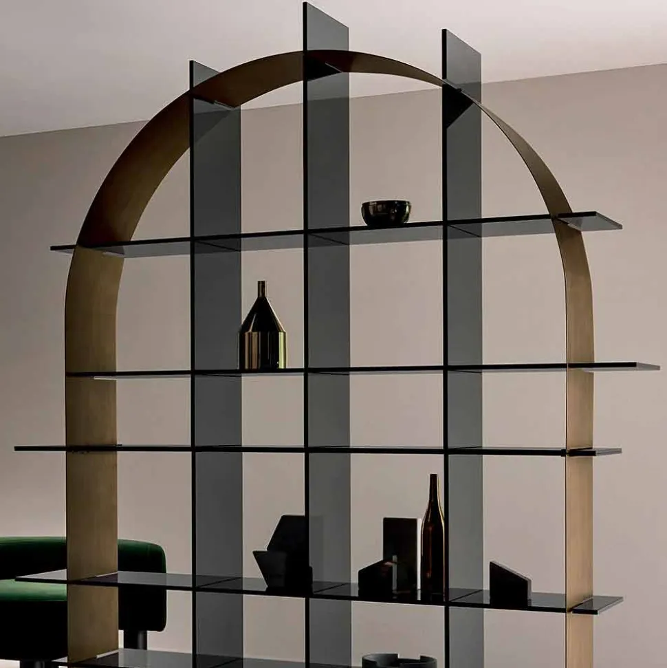 Libreria Freestanding ad Arco in Vetro Fumè e Bronzo Spazzolato Design - Marco