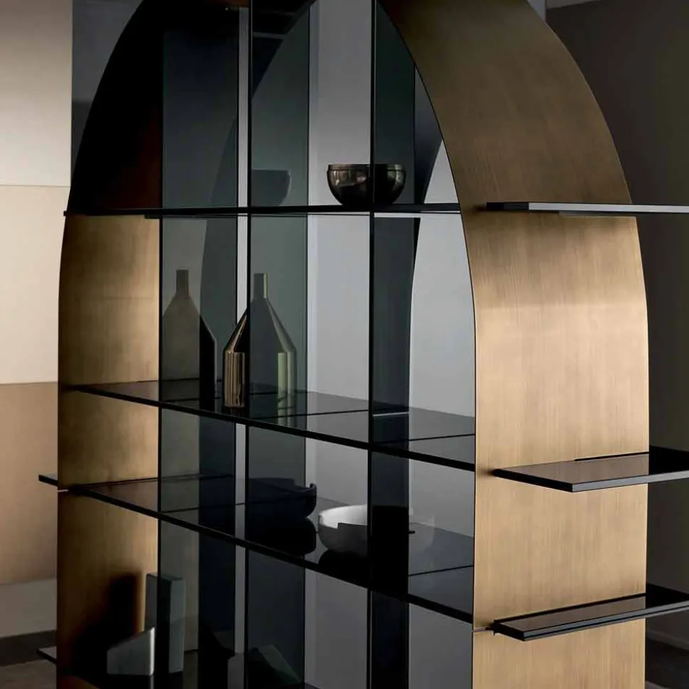 Libreria Freestanding ad Arco in Vetro Fumè e Bronzo Spazzolato Design - Marco