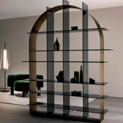 Libreria Freestanding ad Arco in Vetro Fumè e Bronzo Spazzolato Design - Marco
