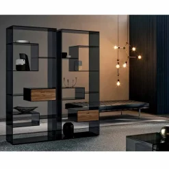 Libreria in Vetro Fumè con Cassetto Legno Noce Canaletto Design Italiano - Linzy