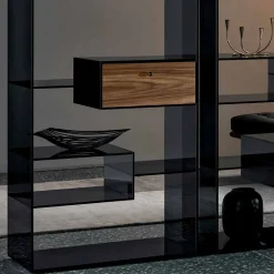 Libreria in Vetro Fumè con Cassetto Legno Noce Canaletto Design Italiano - Linzy