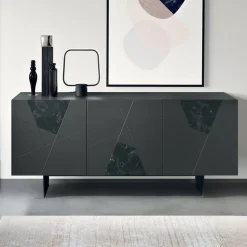 Madia con 3 Ante in MDF Laccato Pantografate e Inserti in Vetro Effetto Marmo - Danila
