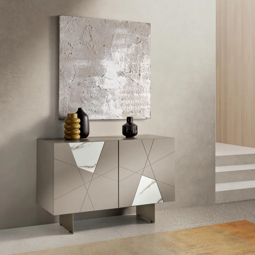 Madia con 2 Ante in MDF Laccato Pantografate e Inserti in Vetro Effetto Marmo - Danila