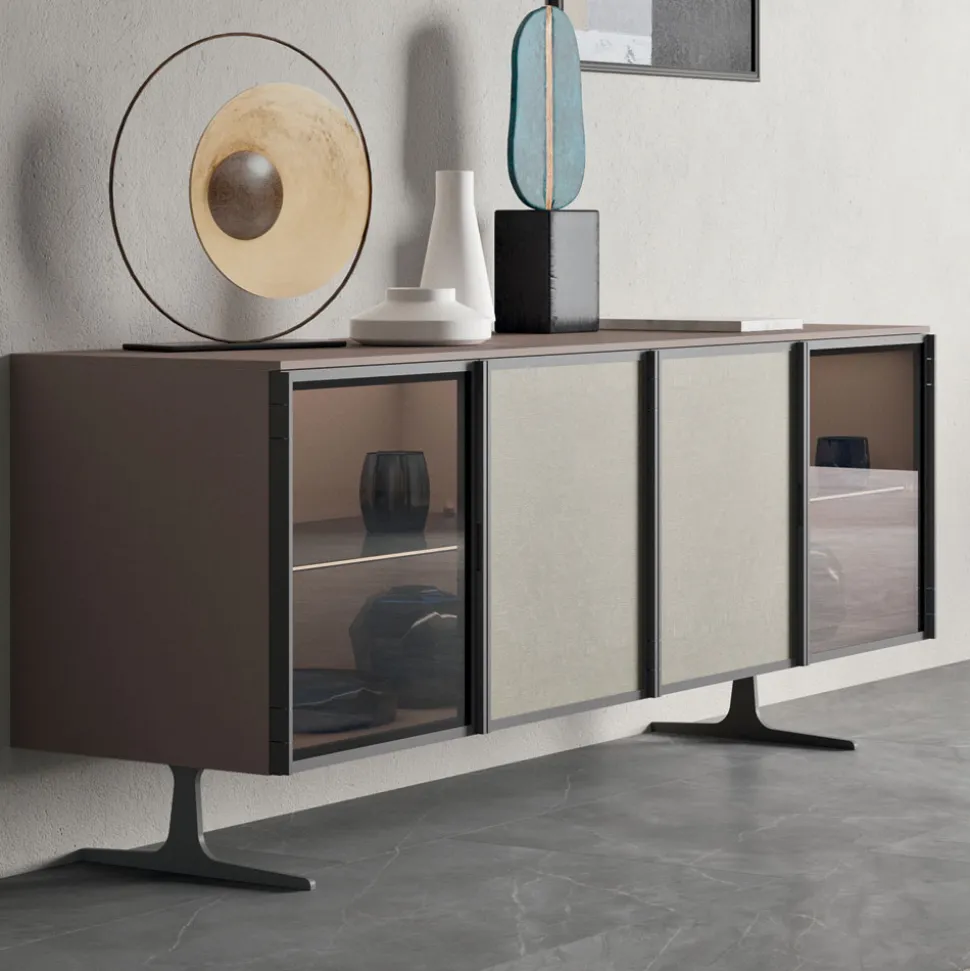Madia da Salotto in Legno Ecologico e Vetro 4 Ante Made in Italy - Aaron