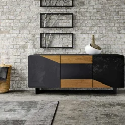 Madia da Soggiorno con 3 Ante in Finitura Rovere Nodato Country e Antracite Glass - Ove