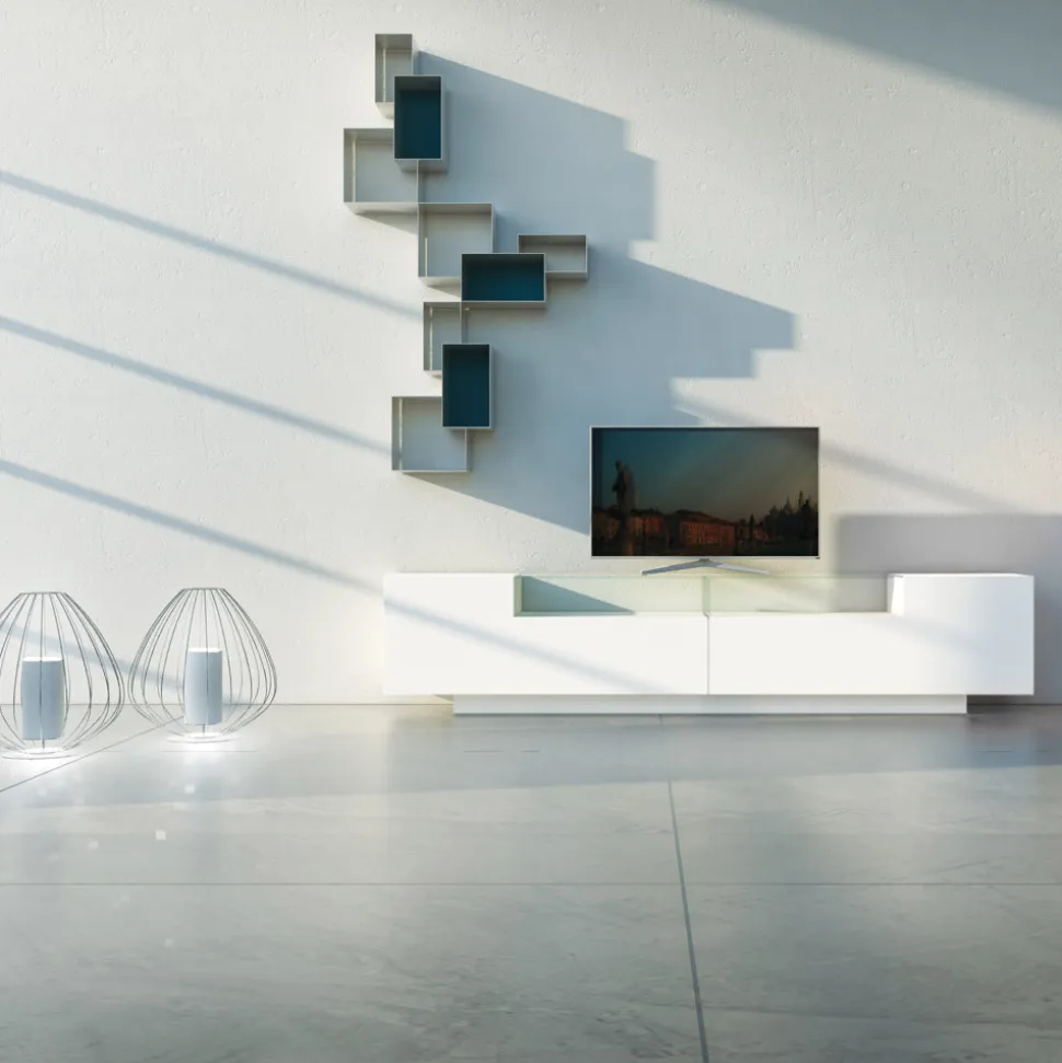 Madia in Mdf Bianco con Teca in Vetro e Base a Zoccolo Made in Italy - Kisha