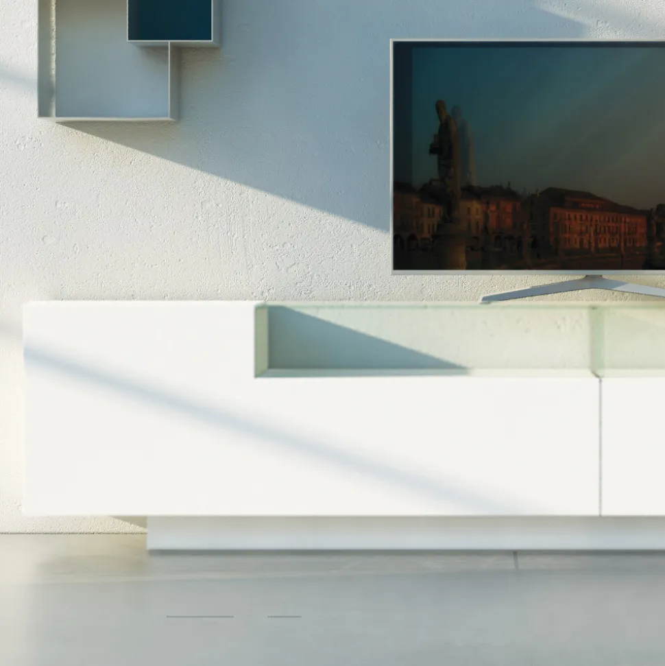Madia in Mdf Bianco con Teca in Vetro e Base a Zoccolo Made in Italy - Kisha