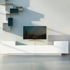 Madia in Mdf Bianco con Teca in Vetro e Base a Zoccolo Made in Italy - Kisha
