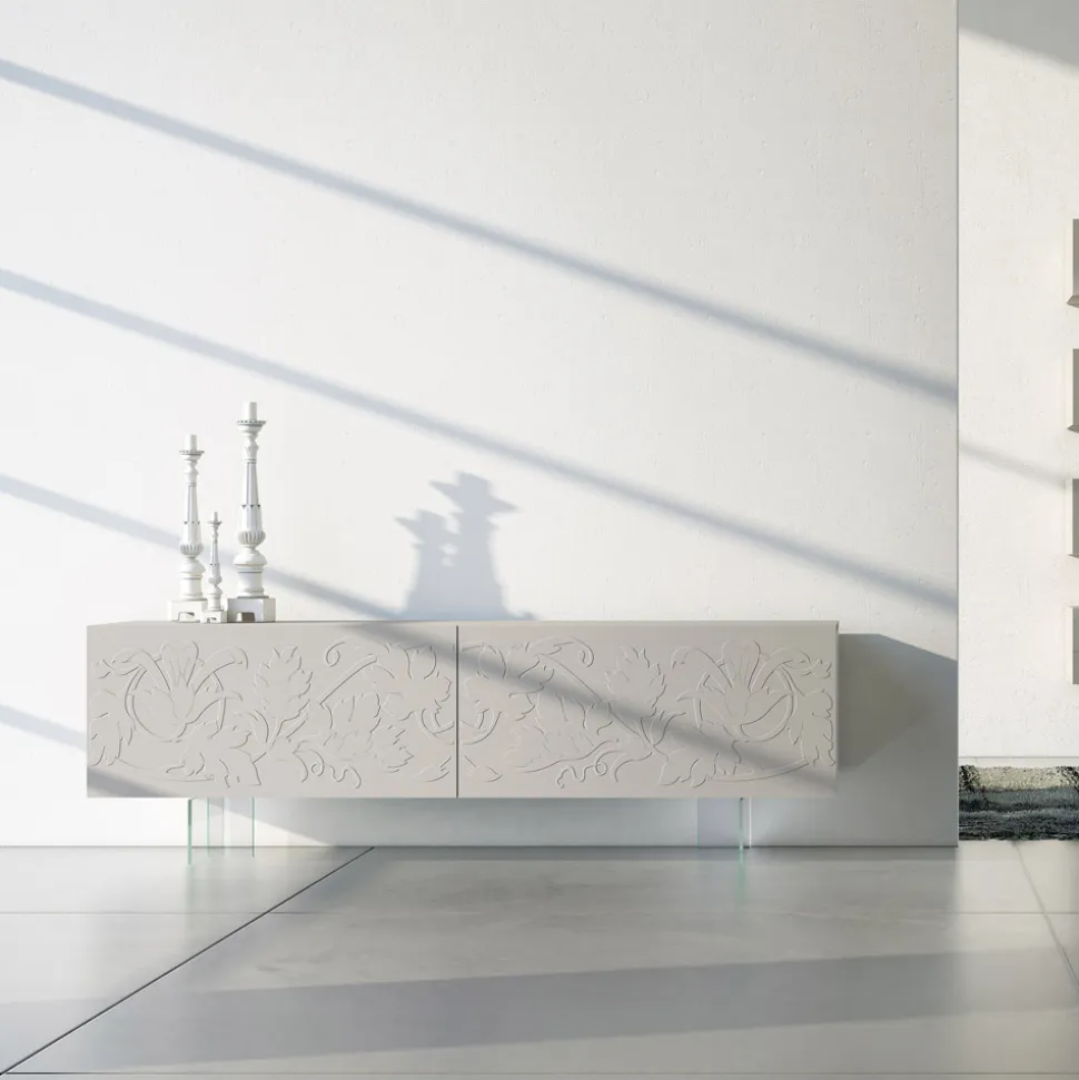 Madia in Mdf Grigio Chiaro con Piedini in Vetro Made in Italy - Germena