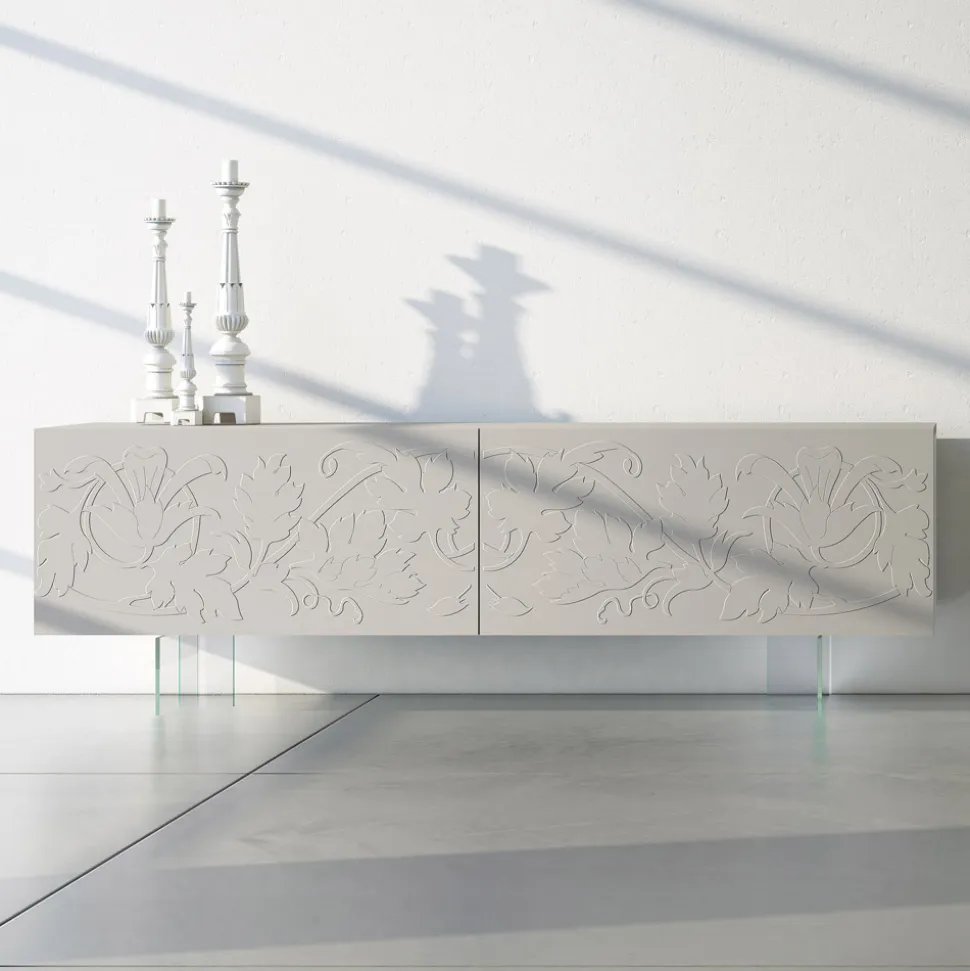 Madia in Mdf Grigio Chiaro con Piedini in Vetro Made in Italy - Germena