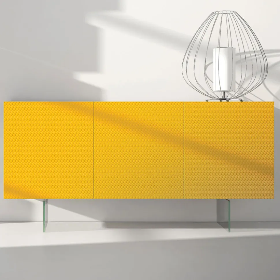 Madia in Mdf Laccato Giallo con 3 Ante e Piedi in Vetro Made in Italy - Ciara