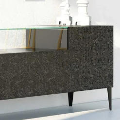 Madia in Mdf Nero con Teca in Vetro e Ante Decorate Made in Italy - Marissa