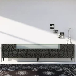Madia in Mdf Nero con Teca in Vetro e Ante Decorate Made in Italy - Marissa