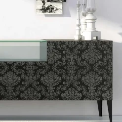 Madia in Mdf Nero con Teca in Vetro e Ante Decorate Made in Italy - Marissa