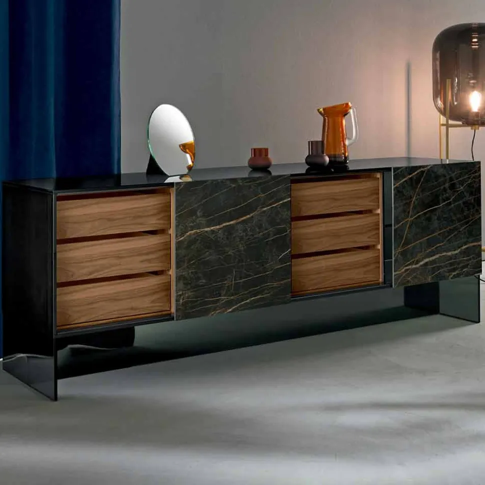 Madia Soggiorno 2 Ante Ceramica e Struttura Vetro Fumè Made in Italy – Scocca