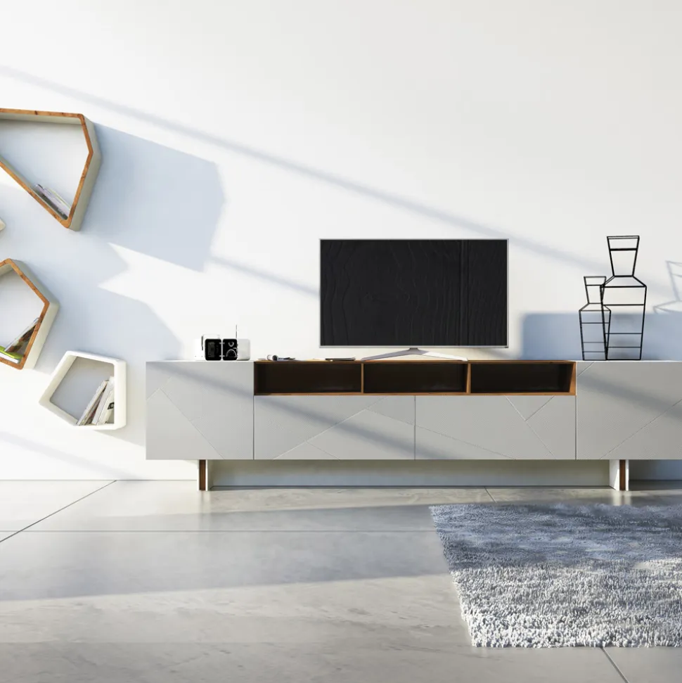 Madia Soggiorno in Mdf Grigio con Teca in Quercia Made in Italy - Giuditte