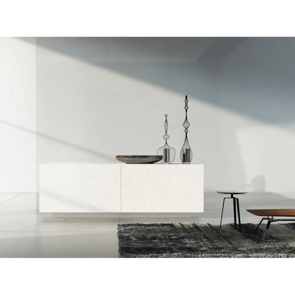Madia Soggiorno in Mdf Laccato Bianco con Bassorilievo Made in Italy - Acqua