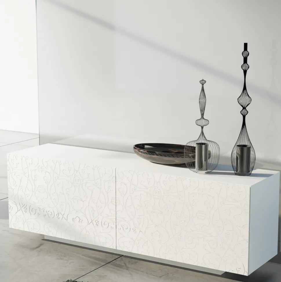 Madia Soggiorno in Mdf Laccato Bianco con Bassorilievo Made in Italy - Acqua