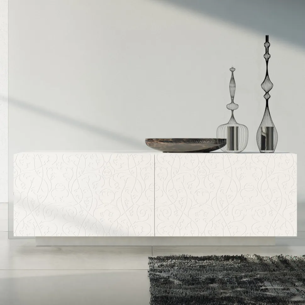 Madia Soggiorno in Mdf Laccato Bianco con Bassorilievo Made in Italy - Acqua