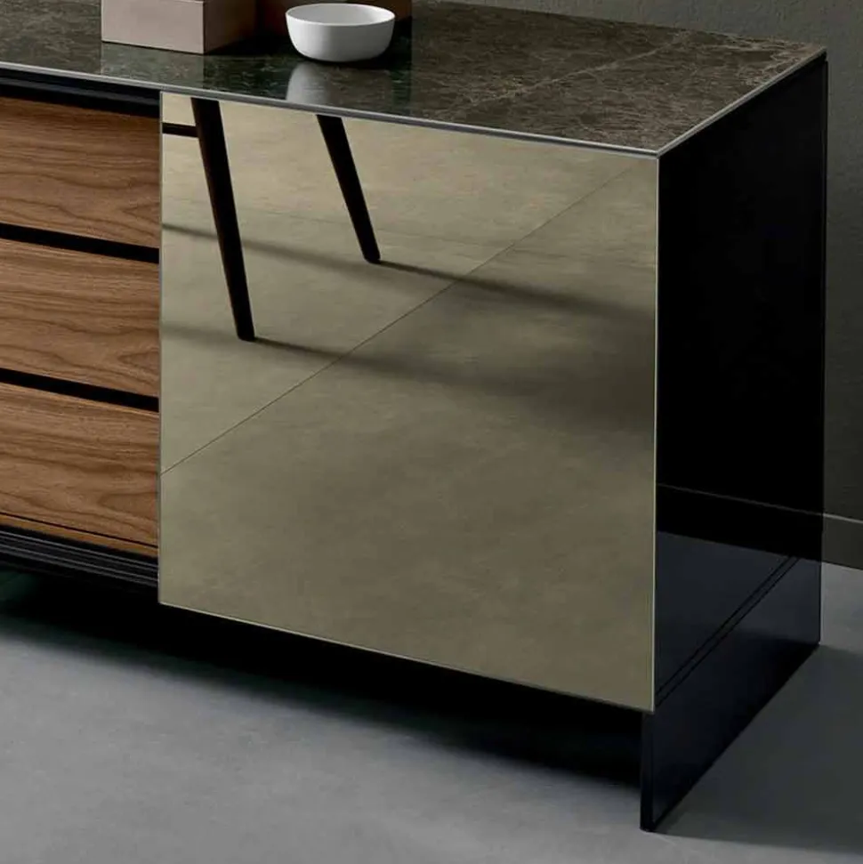 Madia Soggiorno in Vetro Fumè con Anta a Specchio Bronzo Made in Italy – Scocca