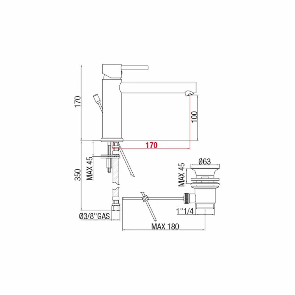Miscelatore Lavabo in Ottone con Bocca Interasse 170 mm Made in Italy - Ermia