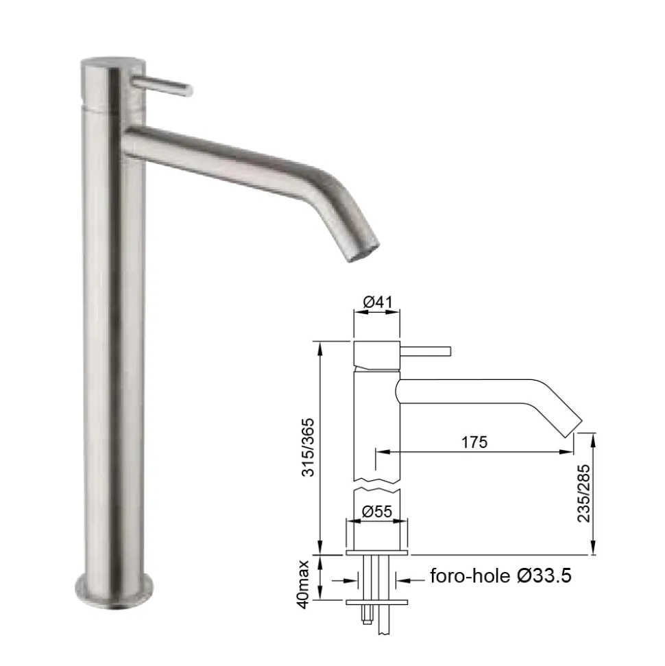 Miscelatore per Lavabo Alto con Bocca Lunga in Acciaio AISI 316L - Artigli