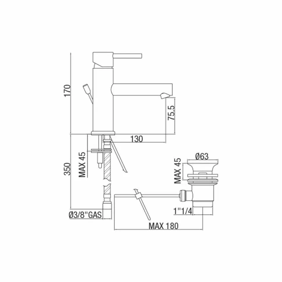 Miscelatore per Lavabo Bagno in Ottone Cromato Moderno Made in Italy - Ermia
