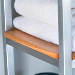 Mobile Bagno a Colonna in Teak e Acciaio con 4 Ripiani a Giorno - Tamburino