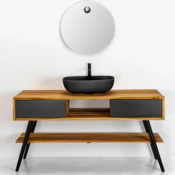 Mobile Bagno a Terra in Teak Naturale e Mogano con Cassetti Neri - Hamadou