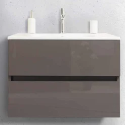 Mobile Bagno 80 cm, Lavabo, Specchio e Colonna Ecrù – Becky