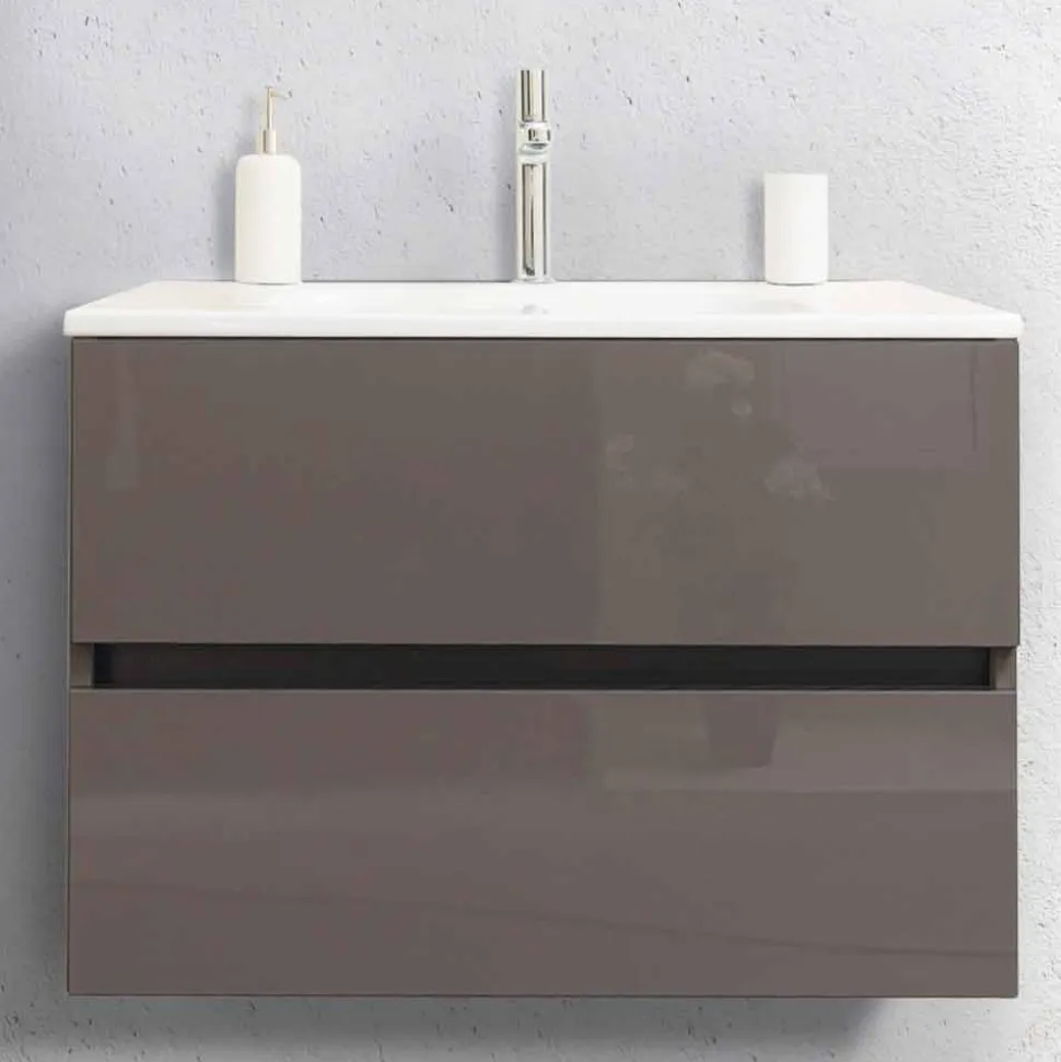 Mobile Bagno 80 cm, Lavabo, Specchio e Colonna Ecrù – Becky