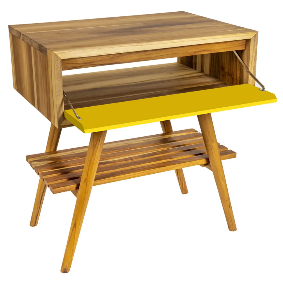 Mobile Bagno in Teak Naturale con Cassetto Giallo a Ribaltina - Gatien