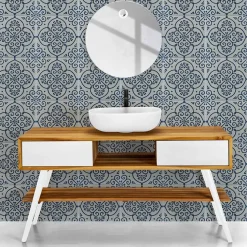 Mobile Bagno in Teak Naturale con Cassetti Bianchi in Mogano - Hamadou