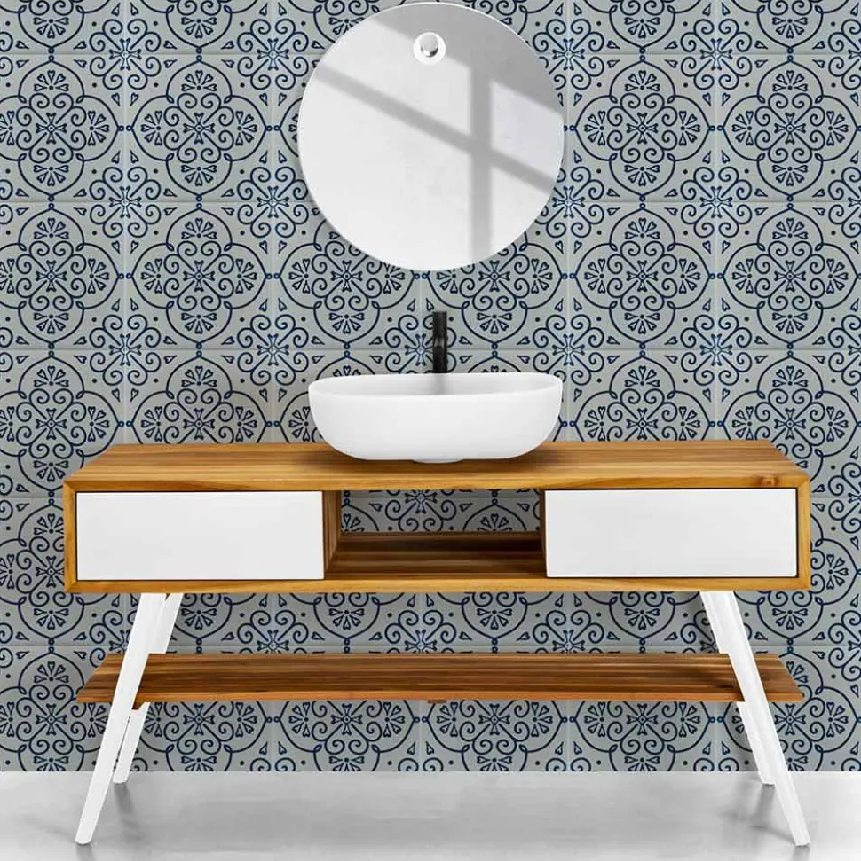 Mobile Bagno in Teak Naturale con Cassetti Bianchi in Mogano - Hamadou