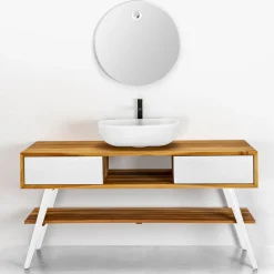 Mobile Bagno in Teak Naturale con Cassetti Bianchi in Mogano - Hamadou