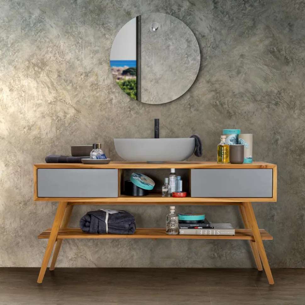 Mobile Bagno in Teak Naturale con Cassetti Color Grigio Matt - Hamadou