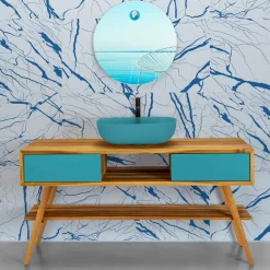 Mobile Bagno Moderno in Teak Naturale con Cassetti in Mogano Blu  - Hamadou