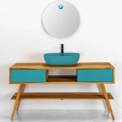 Mobile Bagno Moderno in Teak Naturale con Cassetti in Mogano Blu  - Hamadou