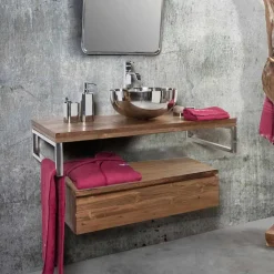 Mobile Consolle Bagno Sospeso con Struttura in Teak Naturale - Rodolfo