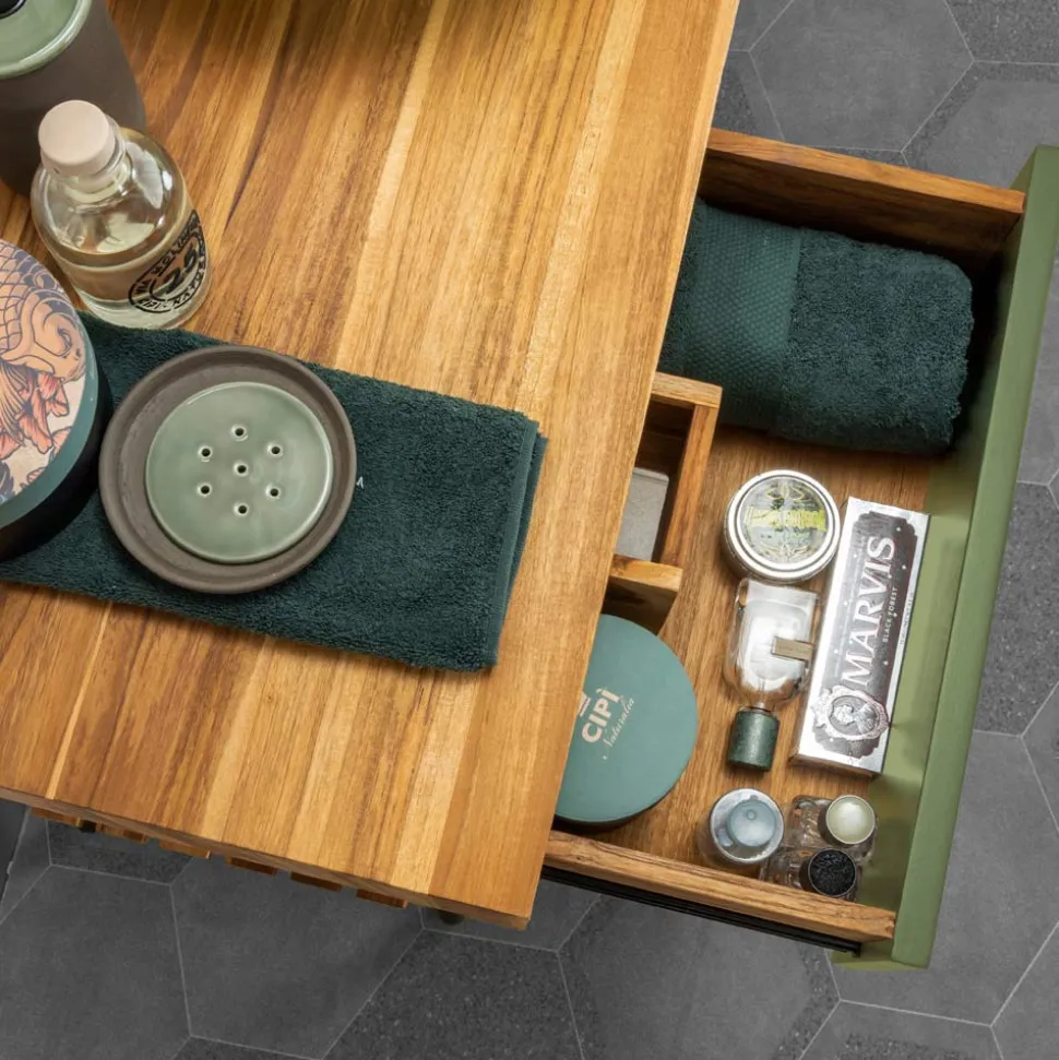 Mobile da Bagno in Teak Naturale con 2 Cassetti in Mogano Verde - Hamadou