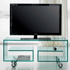 Mobile Porta Tv da Salotto in Vetro Trasparente con Ruote, di Lusso - Birintolo