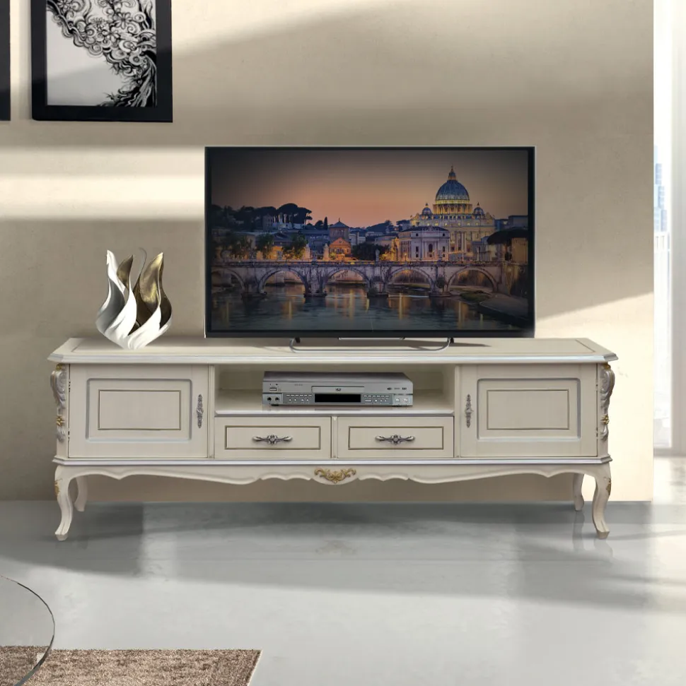 Mobile Porta Tv di Lusso Legno Bianco e Argento Made in Italy - Cheverny