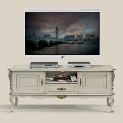 Mobile Porta Tv di Lusso Legno Bianco e Argento Made in Italy - Cheverny