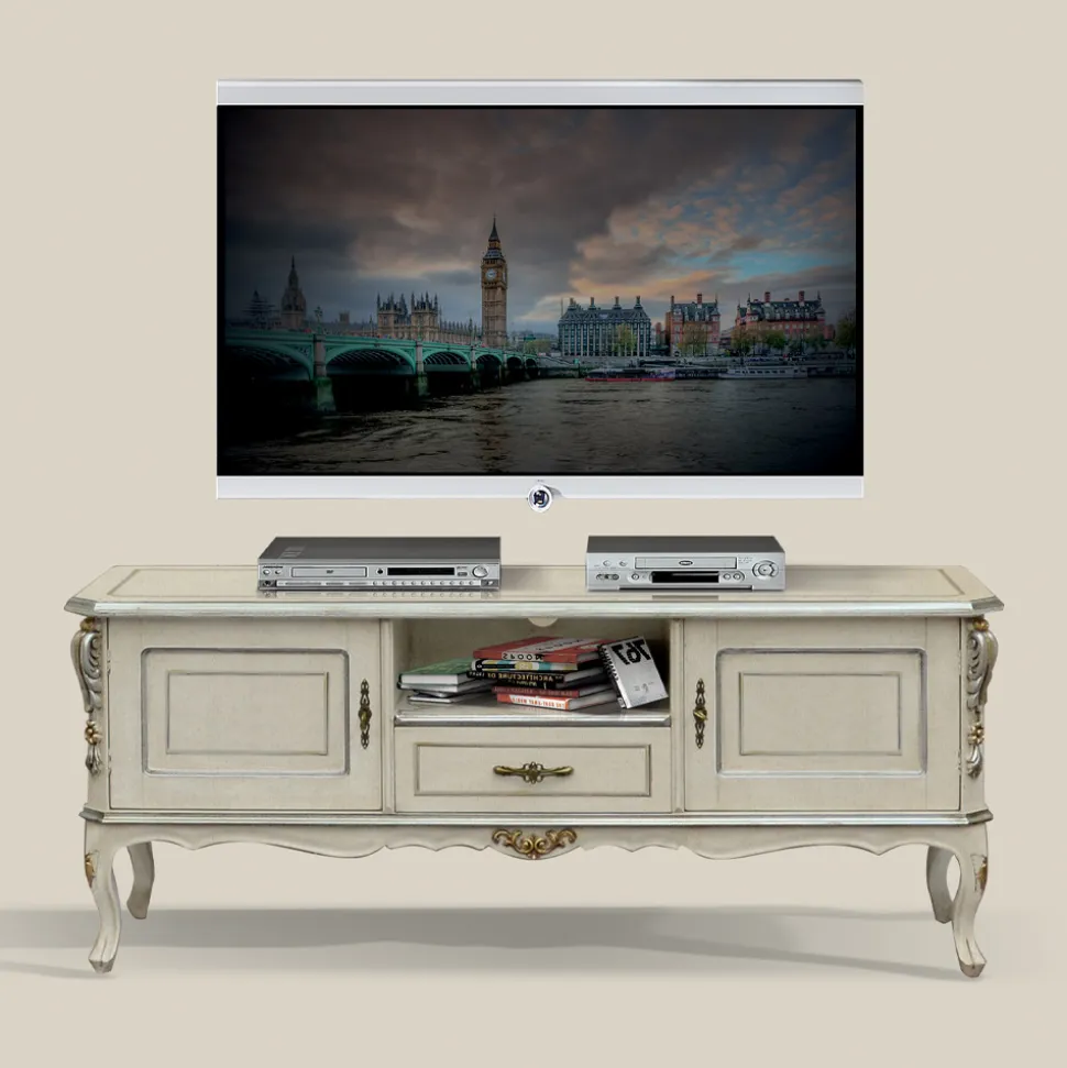Mobile Porta Tv di Lusso Legno Bianco e Argento Made in Italy - Cheverny