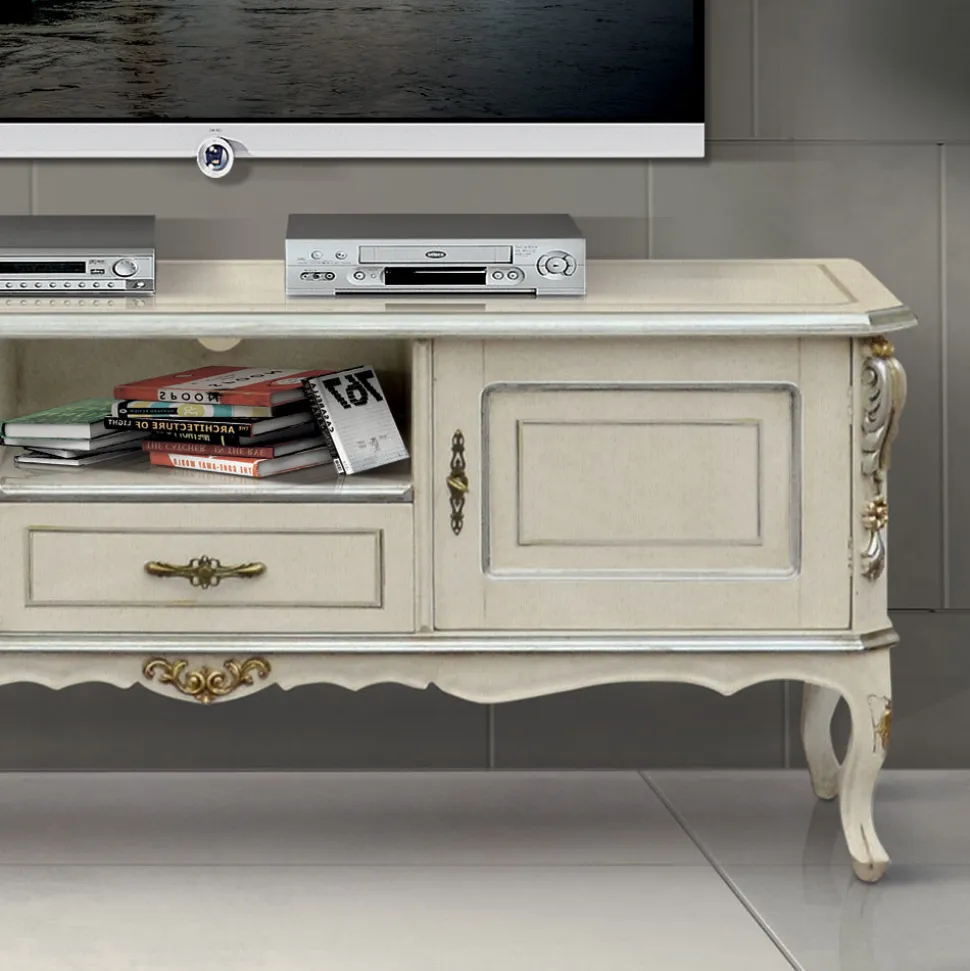 Mobile Porta Tv di Lusso Legno Bianco e Argento Made in Italy - Cheverny