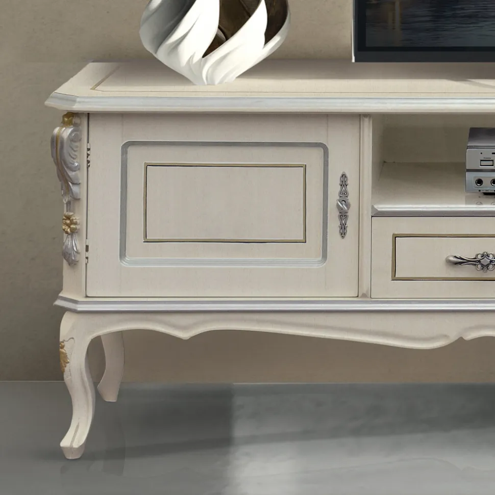 Mobile Porta Tv di Lusso Legno Bianco e Argento Made in Italy - Cheverny